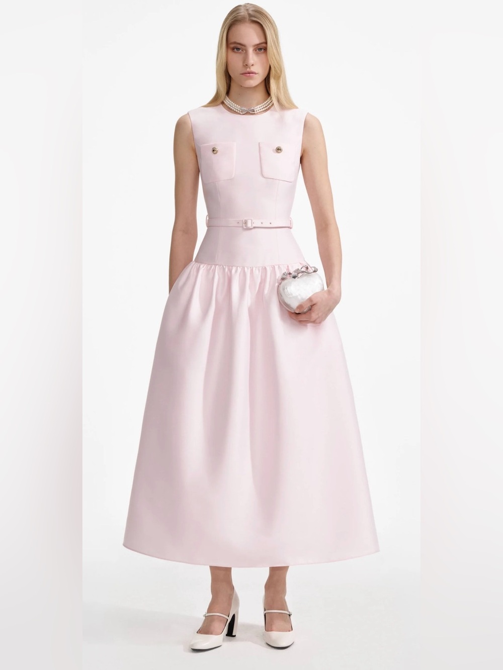 PINK TAFFETA BELTED MIDI DRESS